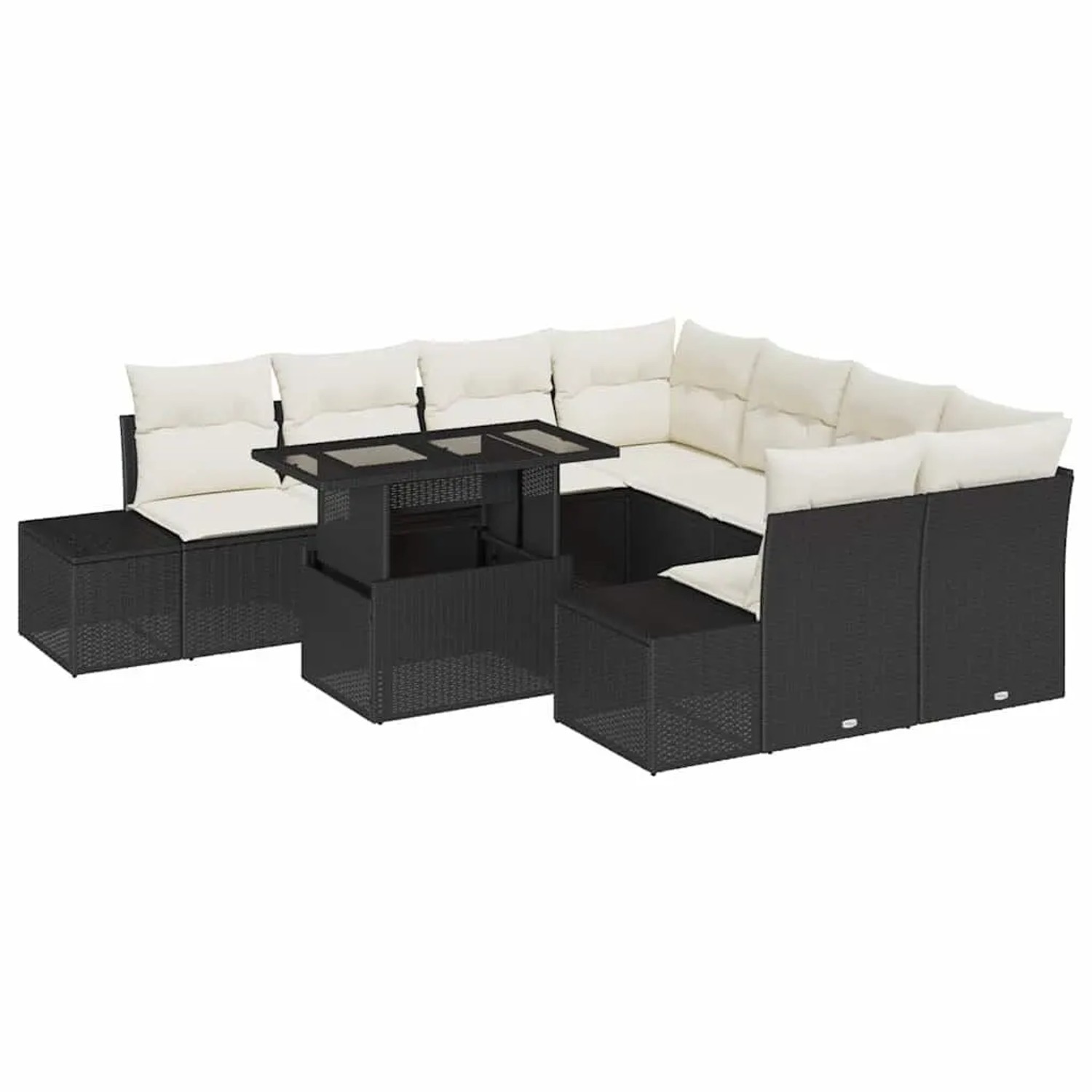 vidaXL Garten-Sofa-Set mit Kissen mit Speicher 9-Tlg Schwarz und Creme 3357890