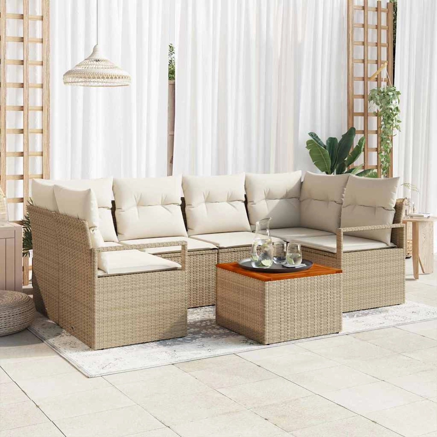 vidaXL Garten-Sofa-Set mit Kissen 7-Tlg Beige Poly Rattan 3347659 günstig online kaufen