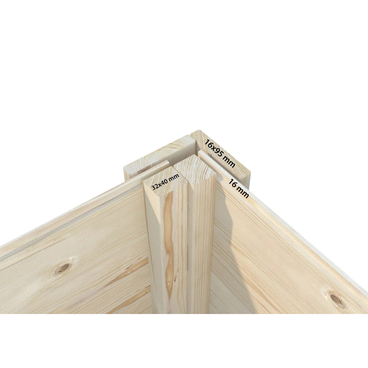Detailaufnahme Ecke Palmako Holz-Gartenhaus, unbehandelt, mit Maßangaben der Holzbalken.