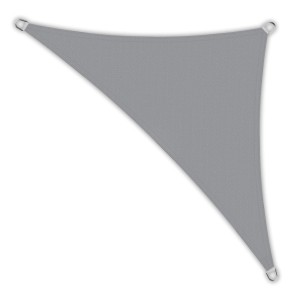 Hellgraues, dreieckiges Toldoro Sonnensegel 5x5x7,1m aus HDPE-Gewebe für Garten und Terrasse.