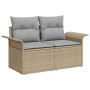 Beiges 2-Sitzer Gartensofa-Set aus Poly Rattan mit grauen Kissen und Stauraum.