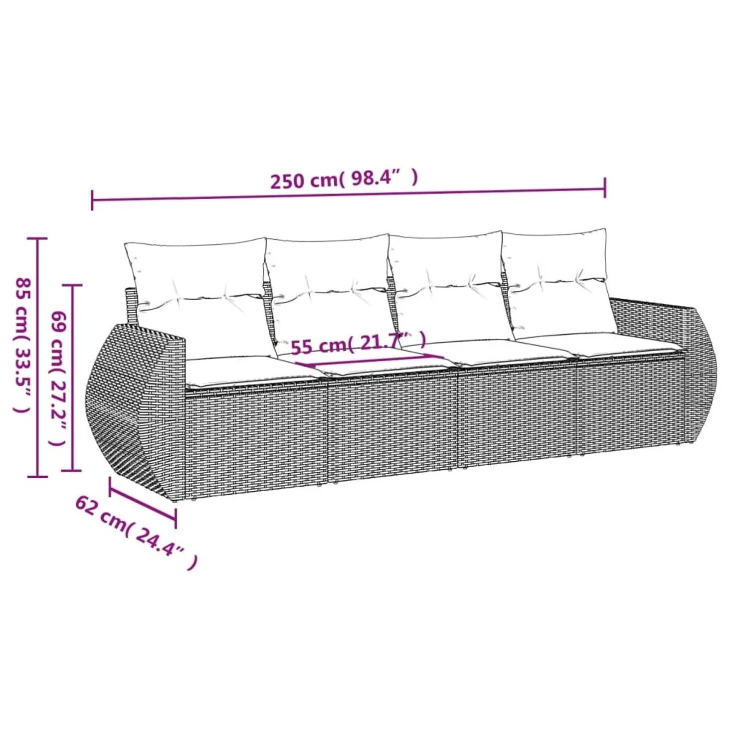 vidaXL 4-tlg. Garten-Sofagarnitur aus schwarzem Rattan mit Kissen, Maße