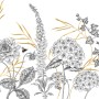 Komar Vliesfototapete Bumble Bee: Detailreiche Illustration von Blumen und Blättern mit goldenen Akzenten.