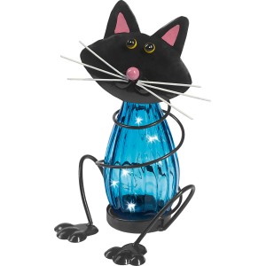LED-Solarleuchte Bardi Katze: Dekorative Gartenleuchte in Katzenform mit blauer Glaskugel und LED-Lichtern.