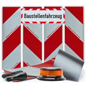 UvV Set Kfz Warnmarkierung mit Klebefolie, Magnetschild "Baustellenfahrzeug" und LED Blitzer.