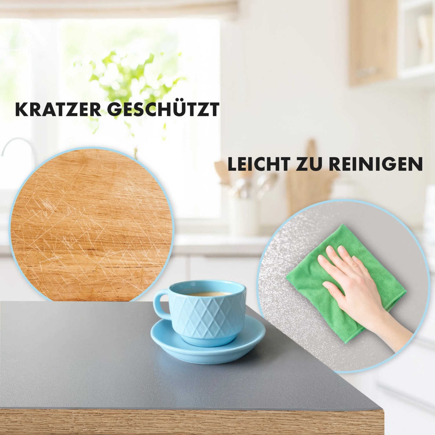 Hellgraue KARAT Tischfolie Empire schützt Tisch vor Kratzern und ist leicht zu reinigen.