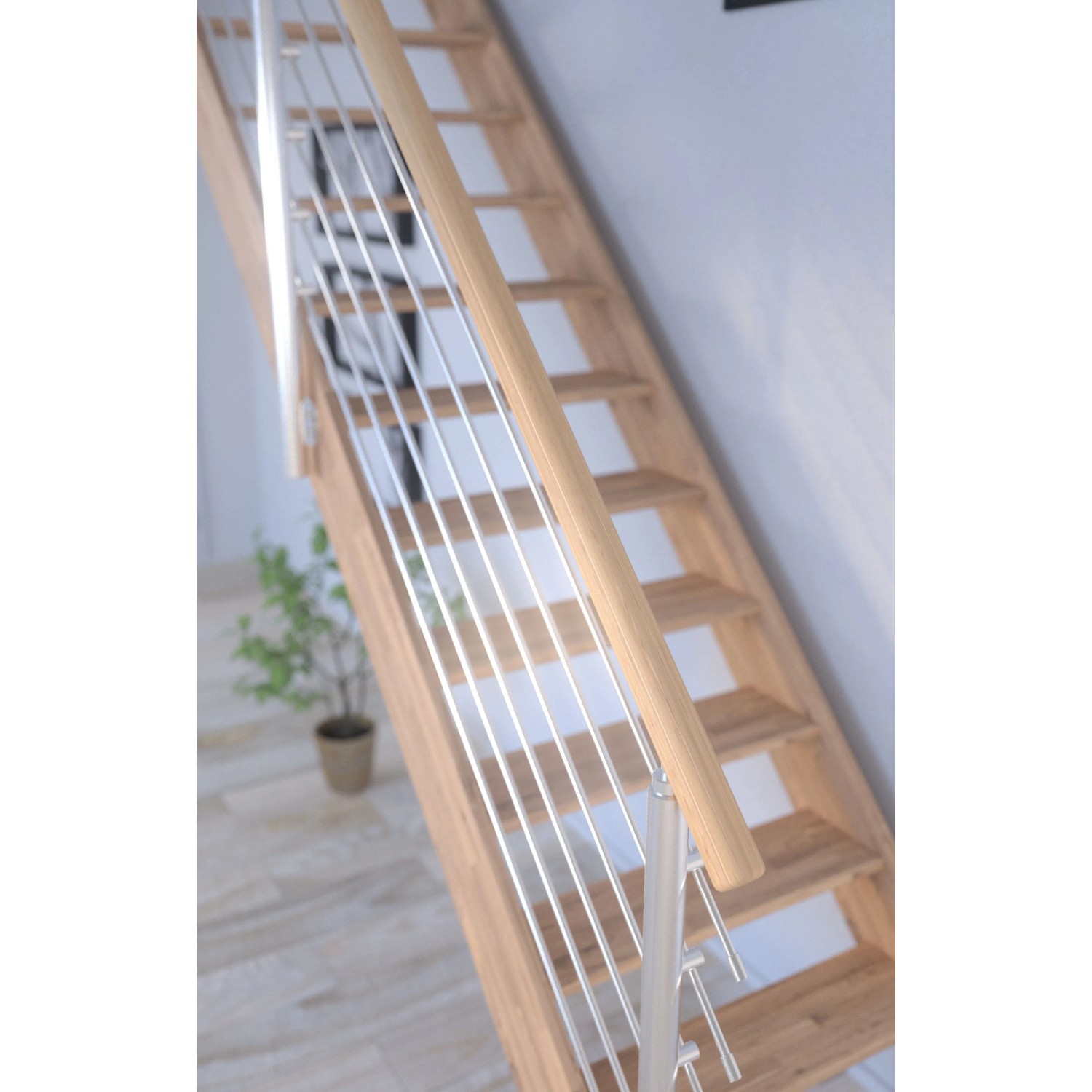 Helle Holztreppe Mykonos Pro Eiche mit Edelstahl-Geländer, gewendelt, für den Innenbereich.