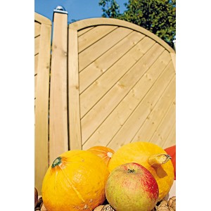 T & J Sichtschutzzaun Classic-Serie Bogen Diagonal, Kiefer/Fichte, mit Kürbissen und Apfel dekoriert.