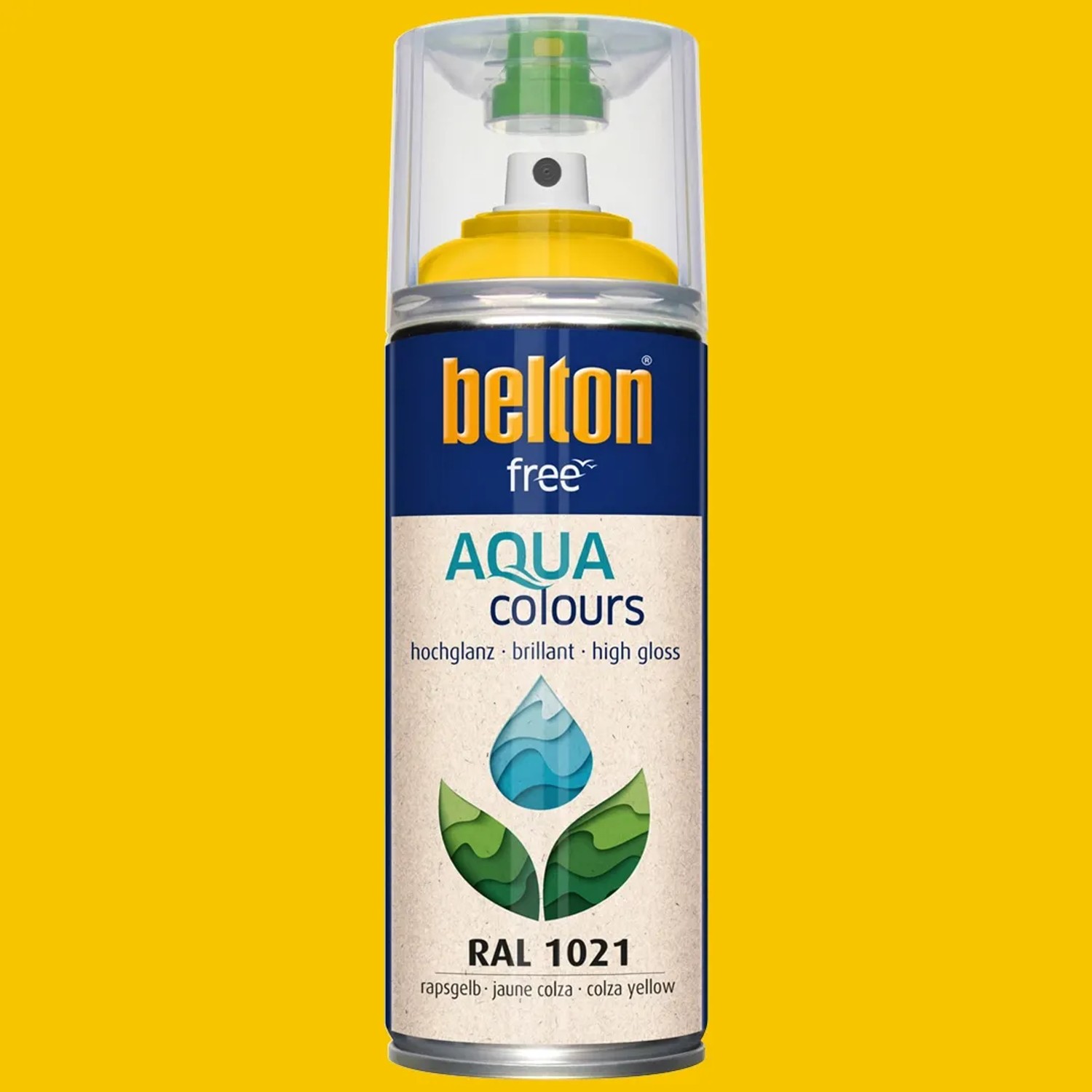Belton Free AQUAcolours Buntlack RAL 1021 Rapsgelb hochglänzend, 400ml Dose.