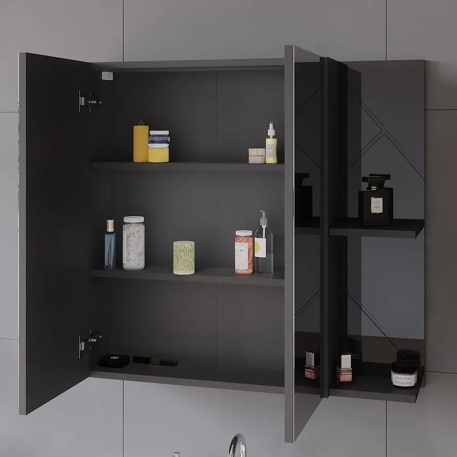 Vicco Badspiegelschrank Irma, anthrazit hochglanz, 80x75 cm, mit offenen Regalen und Stauraum.
