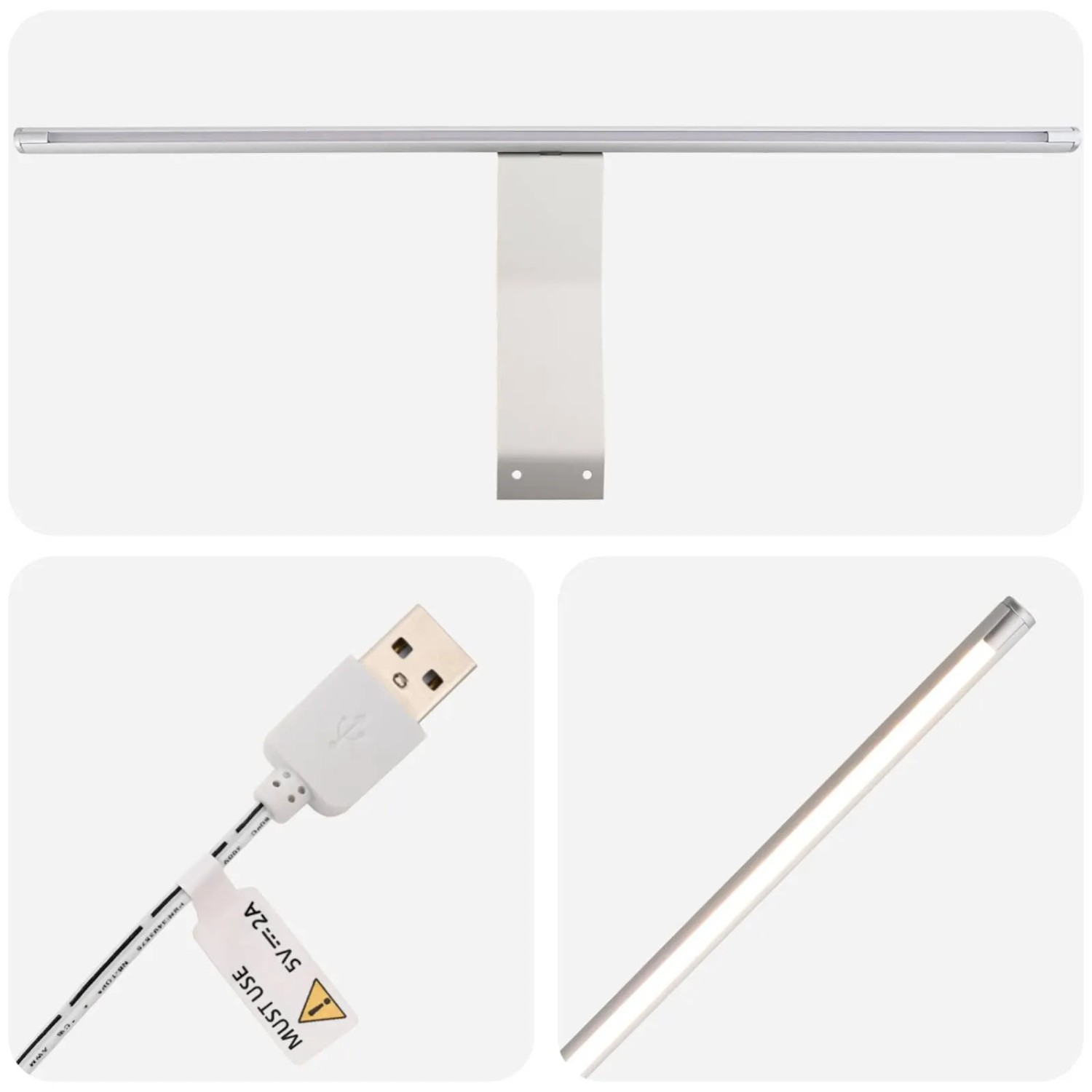 Silberne LED-Lichtleiste mit Wandhalterung und USB-Kabel, ideal für Spiegelschrank im vidaXL Badezimmermöbel-Set.