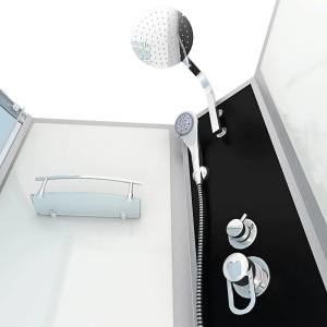 Detailansicht der AcquaVapore Whirlpool Dusche 100x170 mit Regendusche, Handbrause und Glasablage.