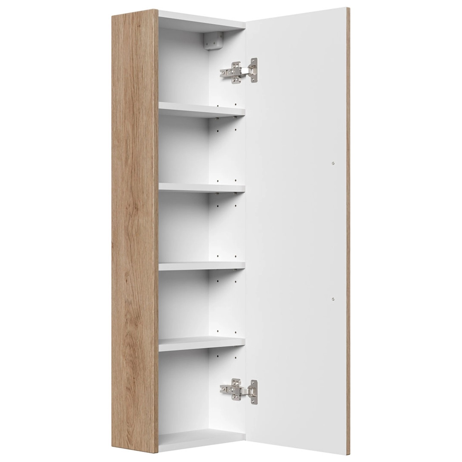 Offener Posseik Bad-Hängeschrank Kapea in Eiche hell mit weißen Einlegeböden.