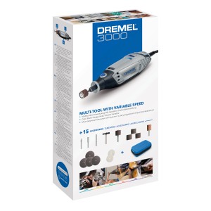 Dremel Multi 3000-15 Miniaturwerkzeug Set mit 15 Zubehörteilen in einer Verpackung.