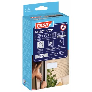 Verpackung des tesa Insect Stop Klett Fliegengitters Premium für Fenster in Weiß.