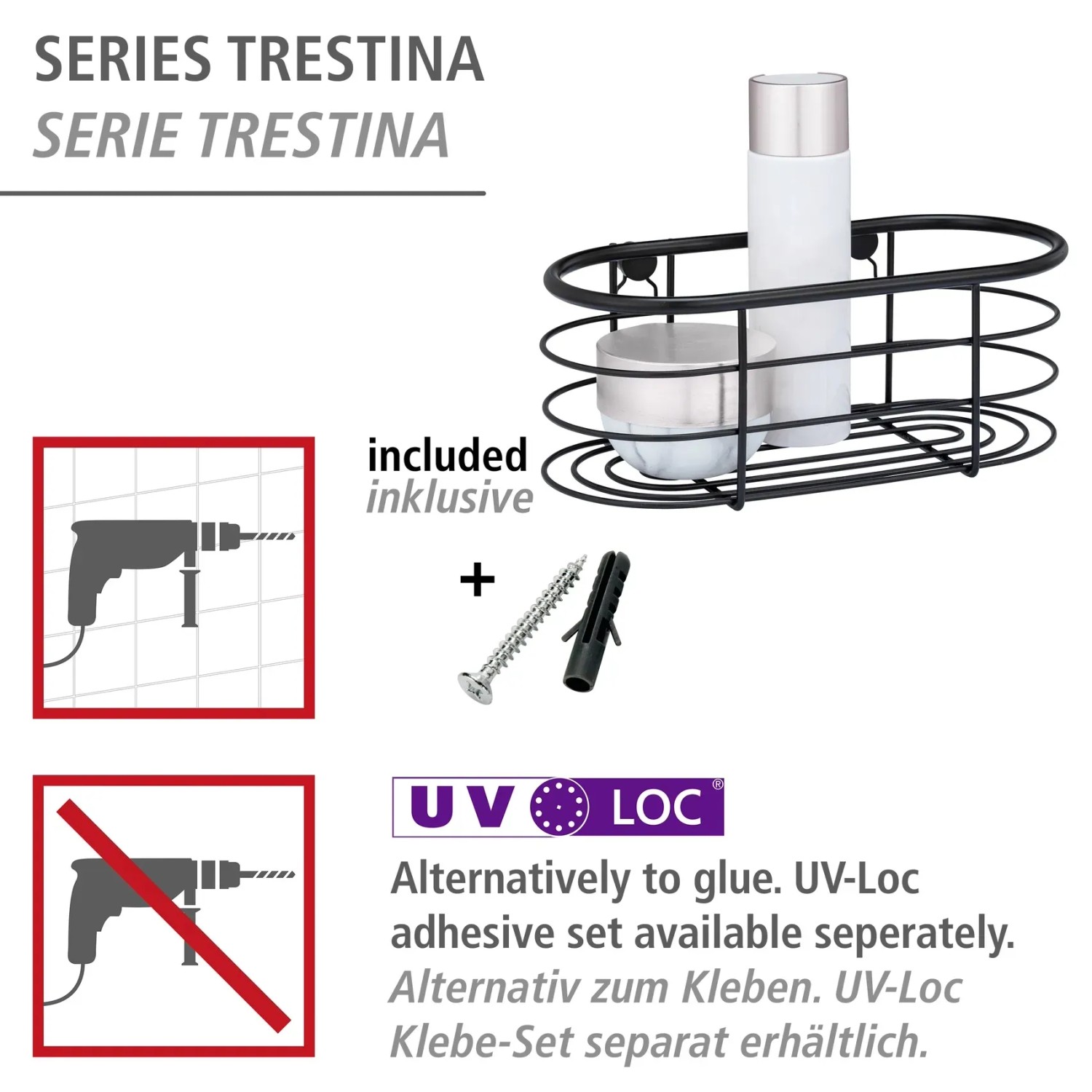 WENKO Wandablage Trestina, Edelstahl schwarz, mit Schrauben und Dübeln zur Wandmontage.