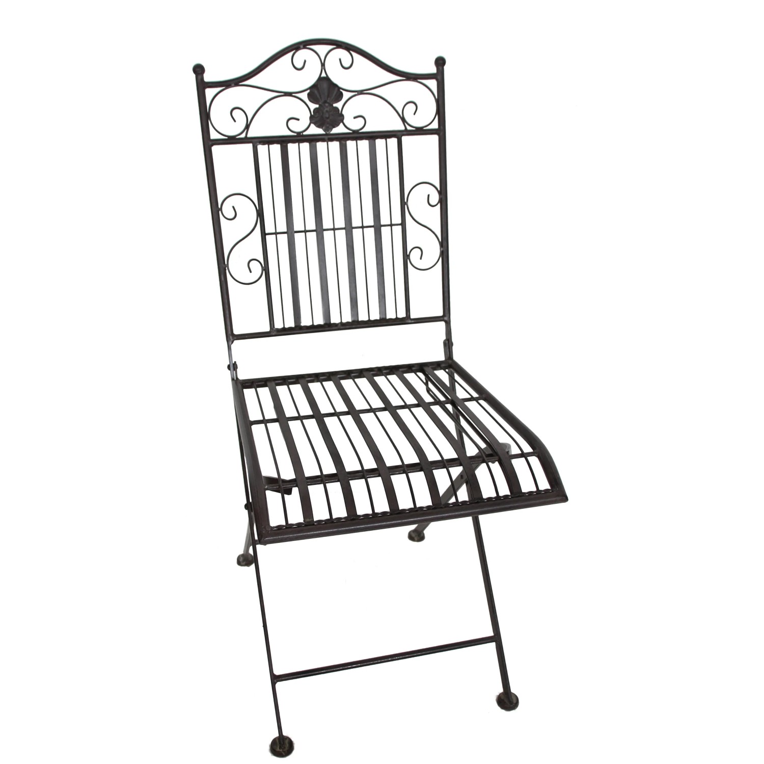 Klappbarer Stuhl aus dem Garden Pleasure Balkon-Set Mangan, schwarz-braunes Metall mit Ornamenten.