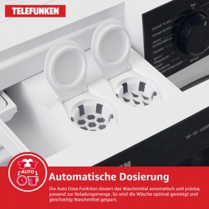 Detailaufnahme: Automatische Dosierung der Telefunken Waschmaschine mit geöffneten Waschmittelkammern.