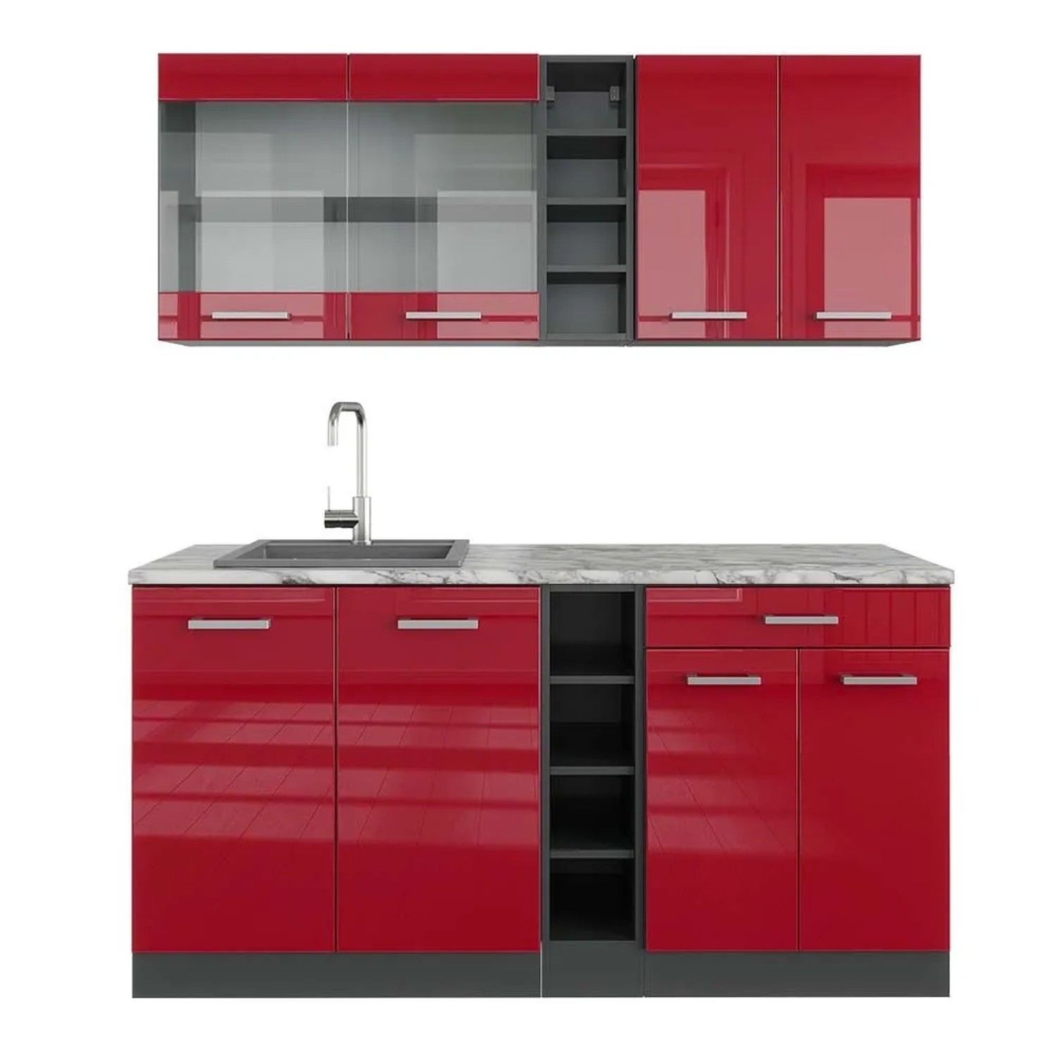 Vicco R-Line Singleküche Bordeaux Hochglanz Anthrazit 160 cm AP Marmor ohne E-Geräte