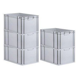 PROREGAL SparSet: 5 graue Euroboxen NextGen Grip, 65 Liter, gestapelt.