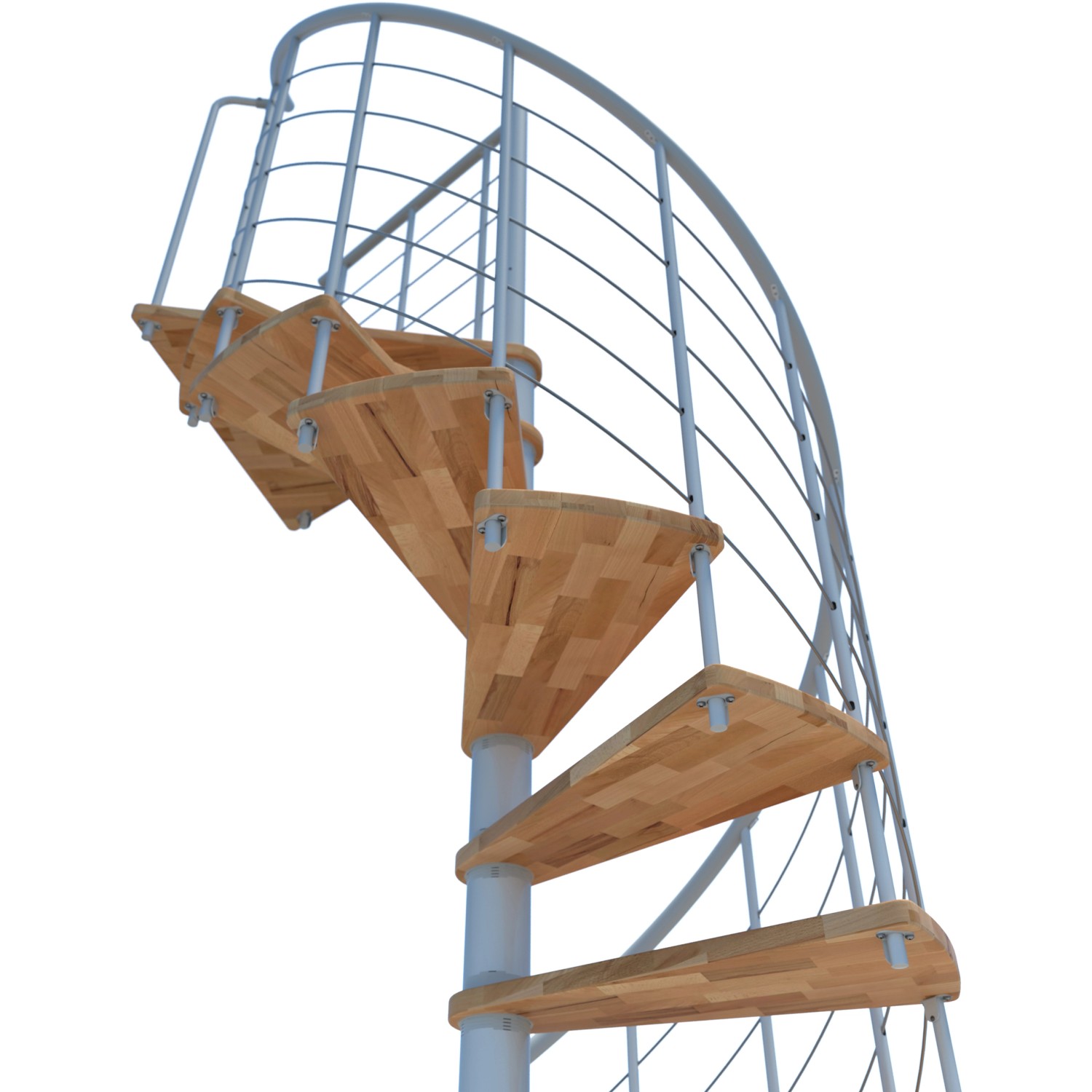 Weiße Minka Spindeltreppe Venezia Smart aus Buche, spiralförmig mit Metallgeländer.