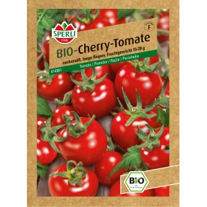 Samenpackung Sperli Bio Cherrytomate mit roten, reifen Tomaten.