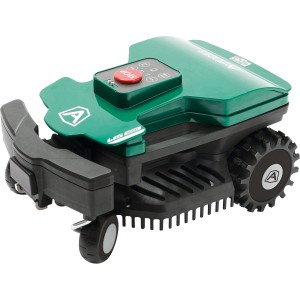Ambrogio Mähroboter L15 Deluxe, grün-schwarz, mit Bedienfeld und großem Stop-Knopf.