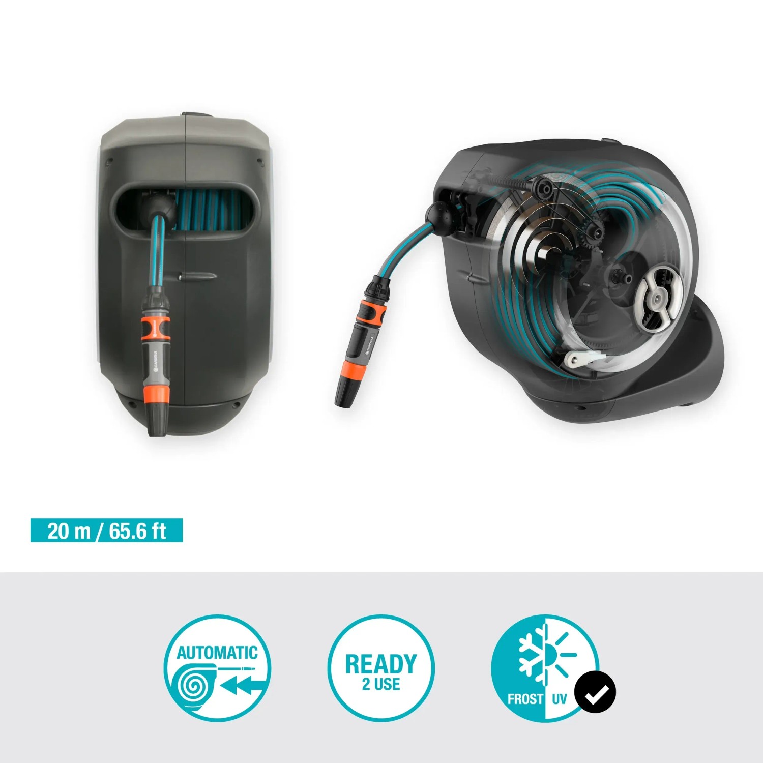 Gardena Wand-Schlauchbox RollUp M mit 20 m Schlauch, automatische Aufrollfunktion.