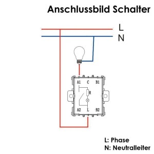 Anschlussplan für Schalter, zeigt Verkabelung mit Glühbirne, Phase (L) und Neutralleiter (N) zur Installation.