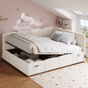 Beiges Polsterbett 140x190 mit Bettkasten und Stauraum für Jugendzimmer.