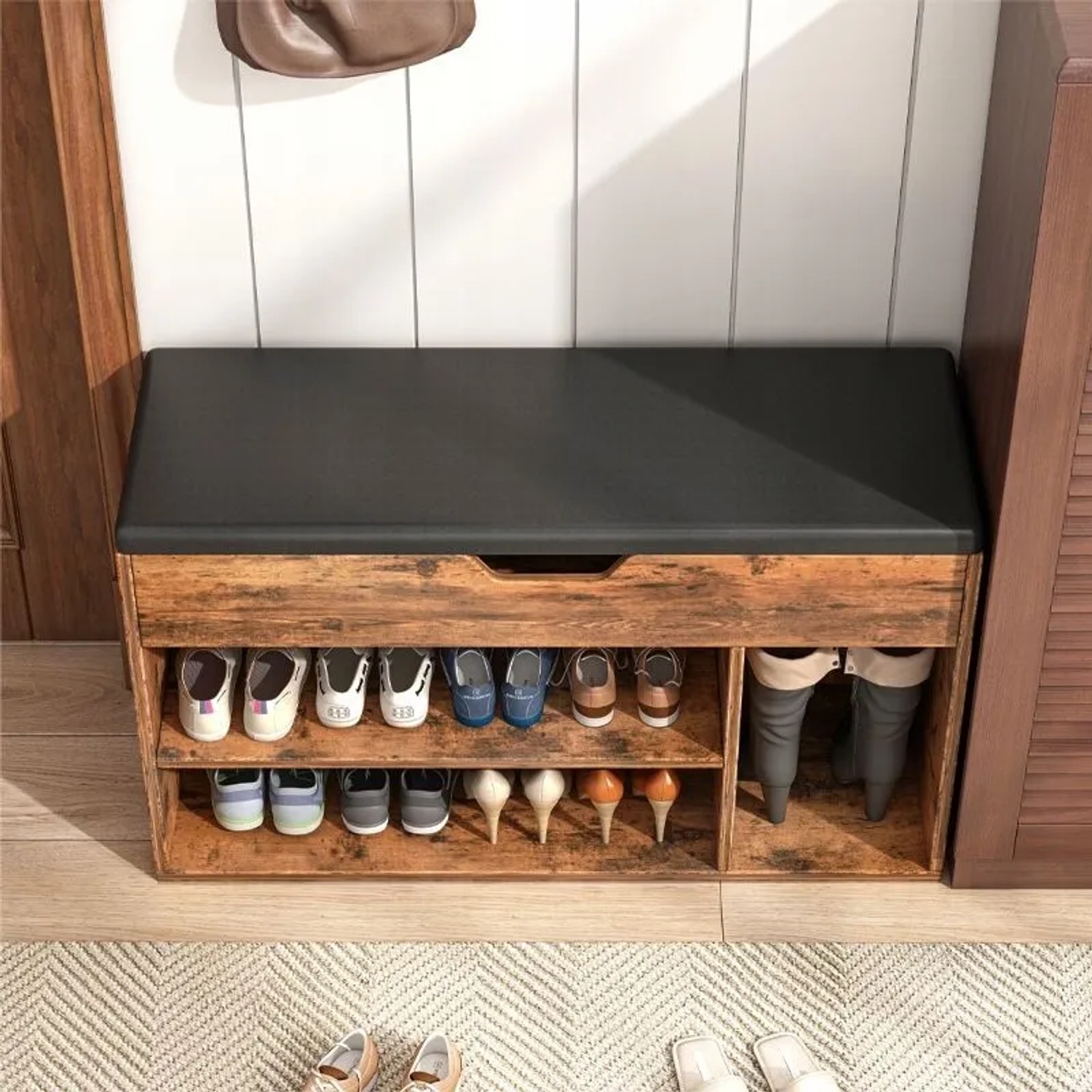 Rebiko Geräumiger Schuhschrank Mit Sitzfläche Stauraum 2 Einlegeböden Retro-holzdesign_4