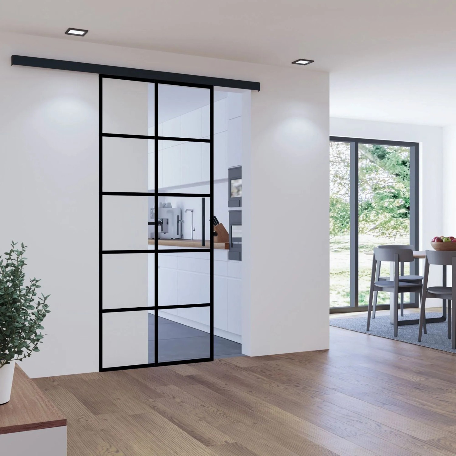 inova Glasschiebetür Klar 10 Felder 1025 x 2200 mm Komplettset in Schwarz mit Stabgriff