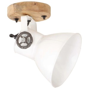Weiße Wand-/Deckenlampe im Industriestil mit Holzsockel, Metallschirm und E27-Fassung.