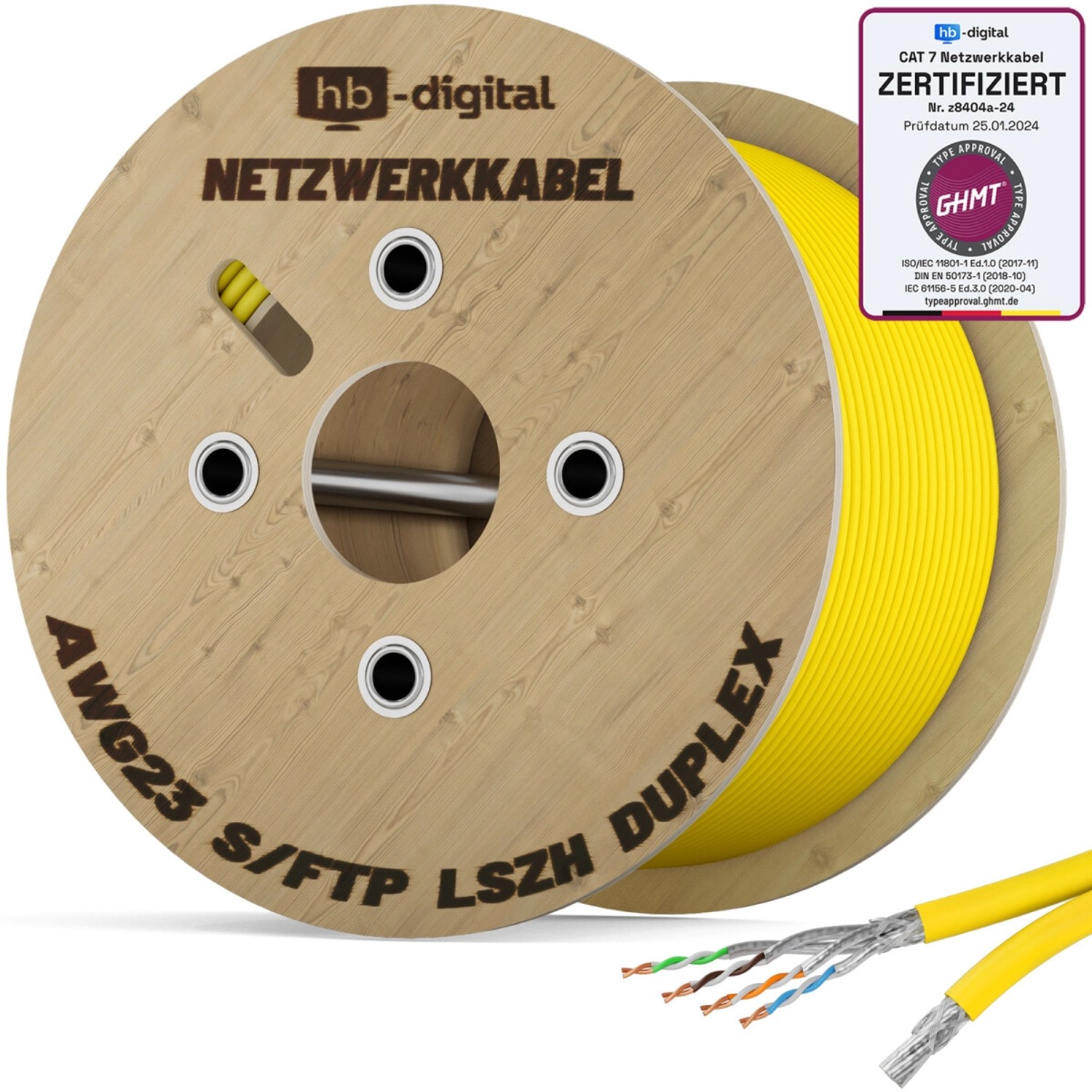 hb-digital CAT 7 Kabel Duplex Ethernetkabel LSZH max. 1000 MHz S/FTP AWG23 500m gelb
