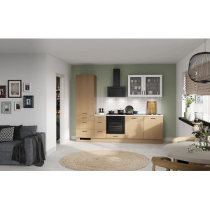 Moderne Impuls Küchenzeile 280 cm in Eiche-Nb. Summerfield mit weißer Marmor-Arbeitsplatte und Soft-Close-Funktion.