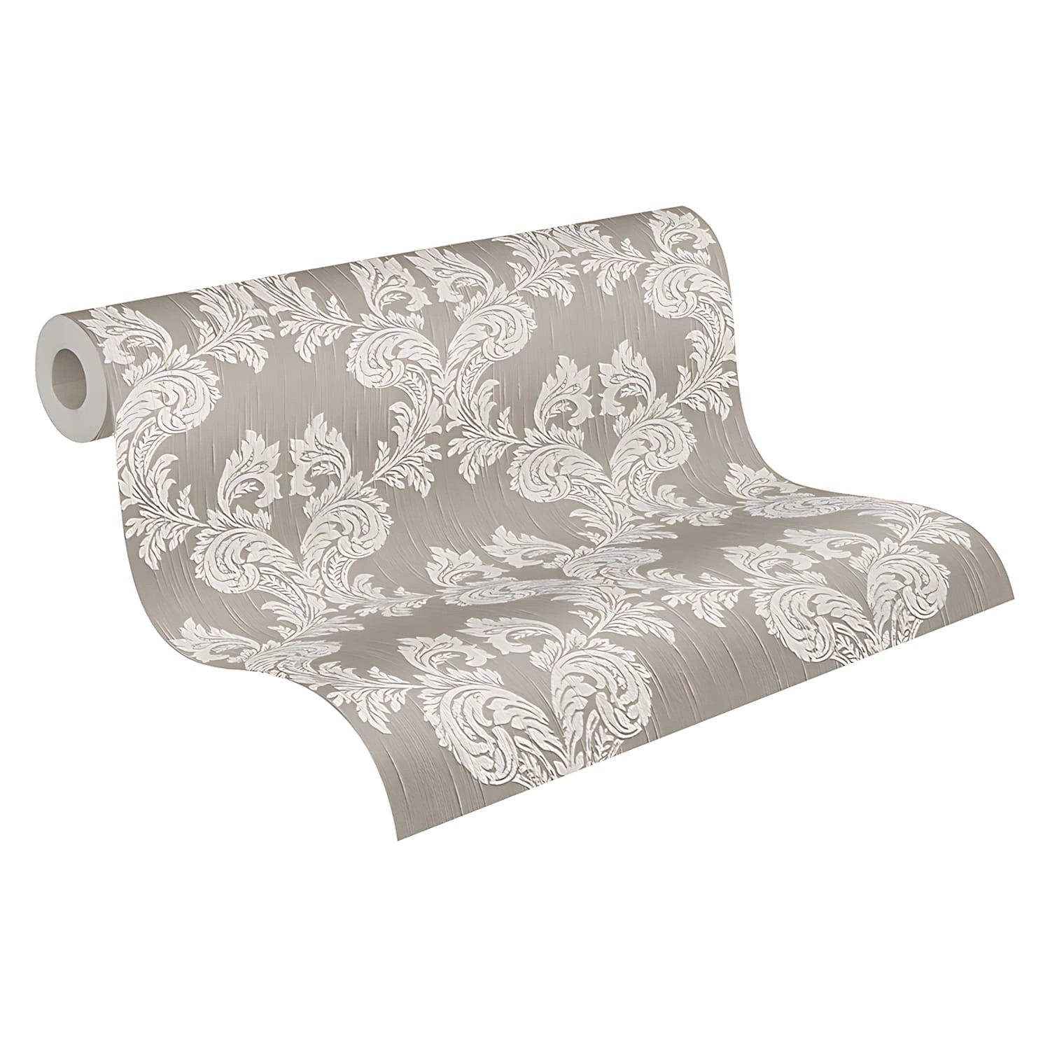 Rolle PROFHOME Textiltapete mit Barock Muster in Grau und Beige.