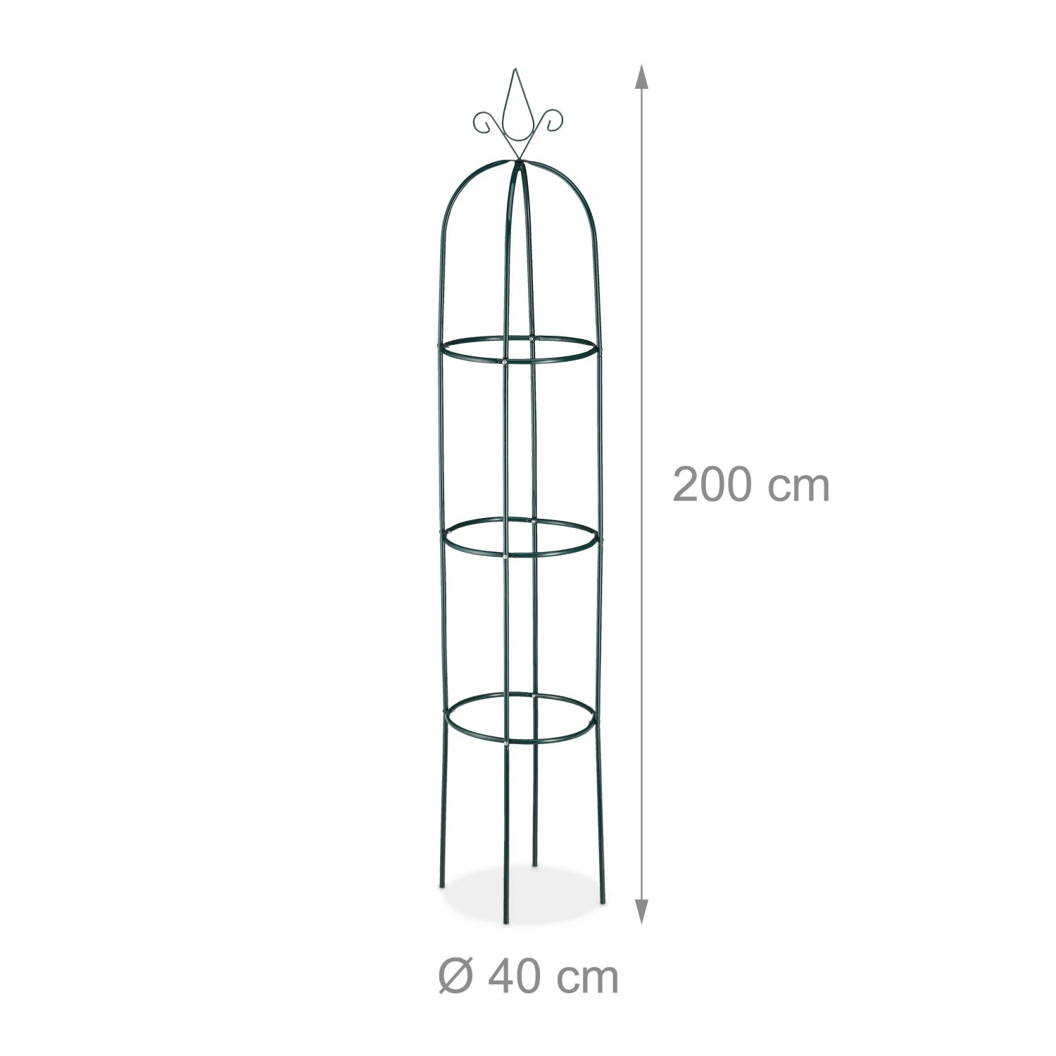 Dunkelgrüner Rankobelisk aus pulverbeschichtetem Stahl, 200x40 cm, mit drei Ringen und Zierspitze für Kletterpflanzen.