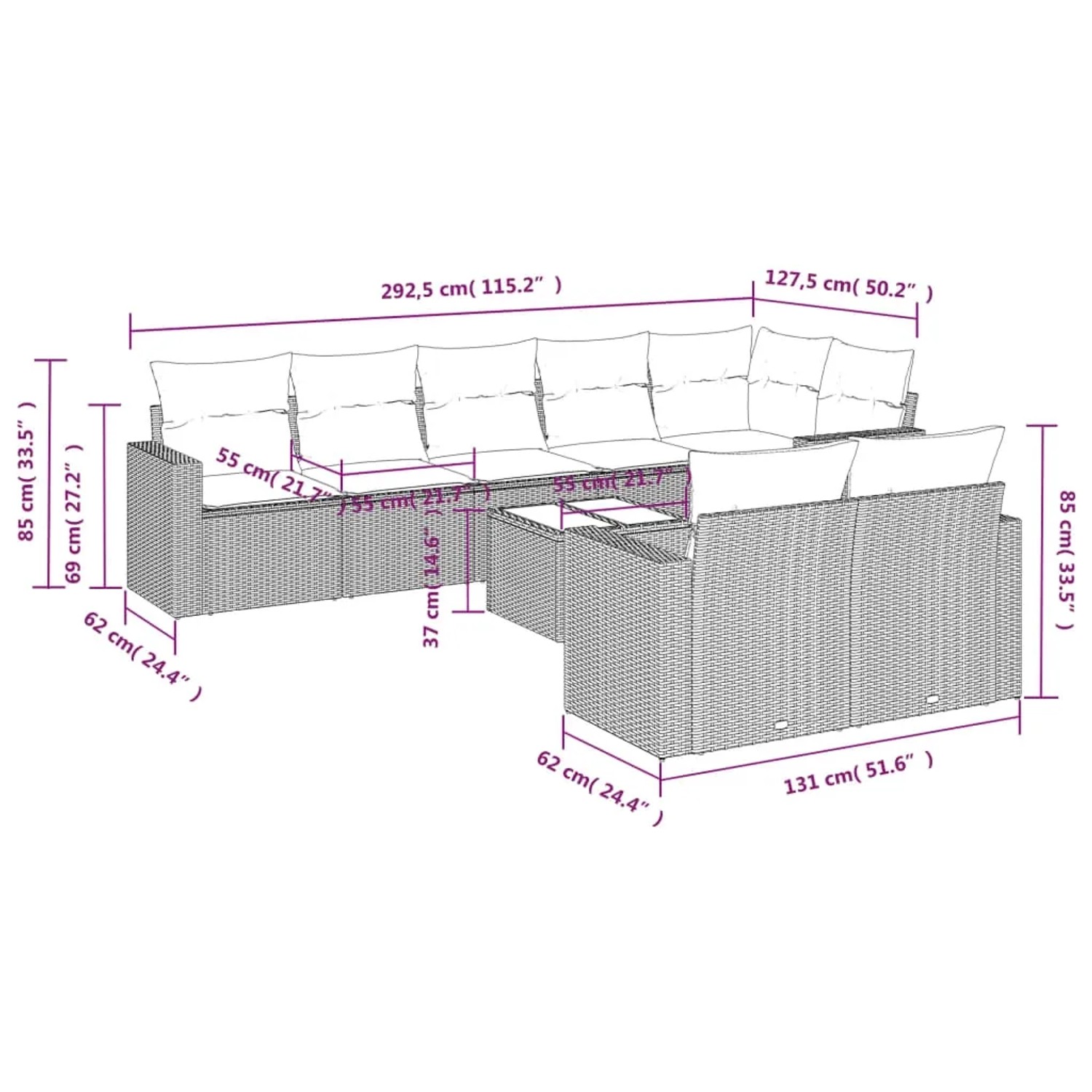 Braune 9-teilige vidaXL Garten-Sofagarnitur aus Polyrattan mit Kissen. Gartenmöbel für Terrasse und Garten.