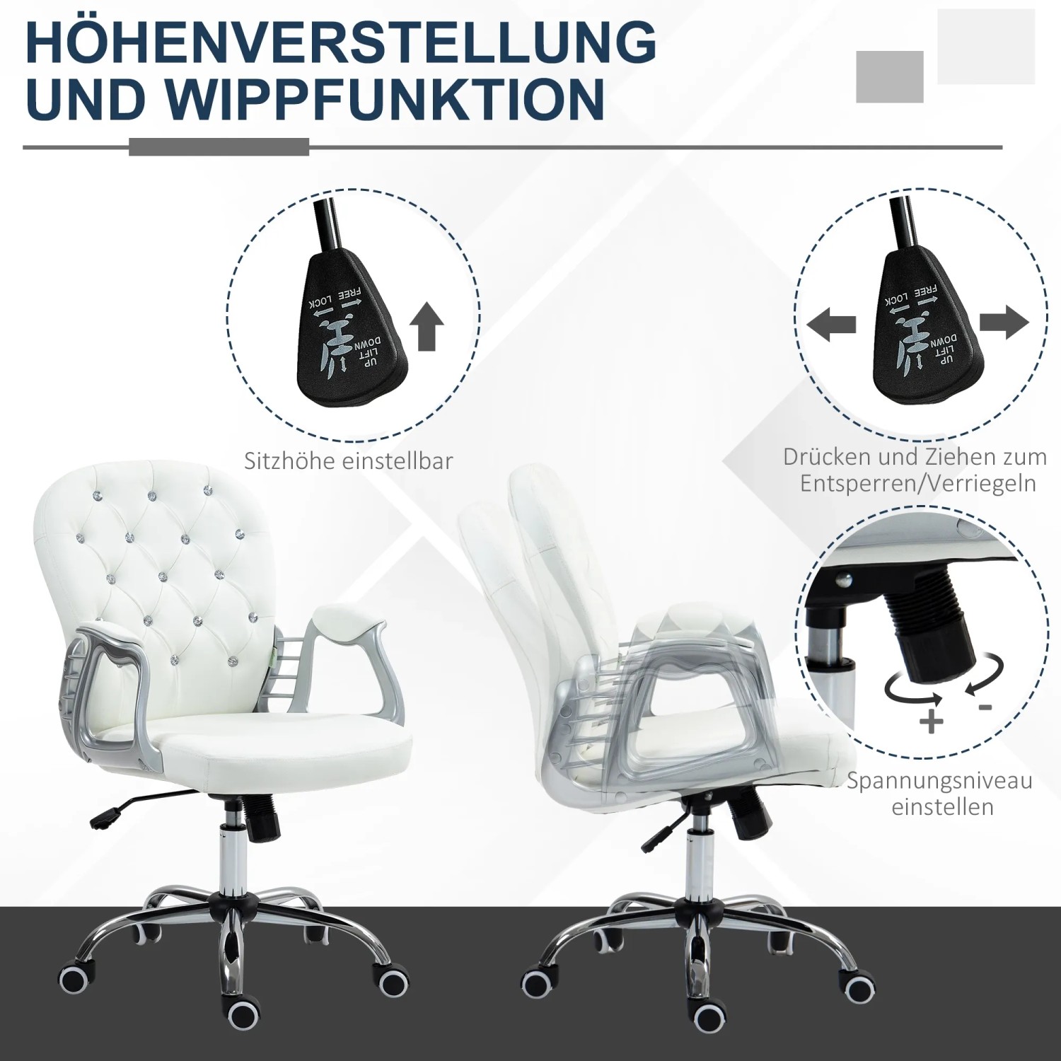 Weißer Vinsetto Bürostuhl mit Höhenverstellung und Wippfunktion für Home Office.