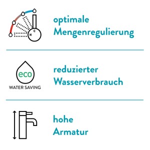 baliv Waschtischarmatur: Icons für präzise Mengenregulierung, Wassersparfunktion und hohen Auslauf. Verchromter Einhebelmischer.