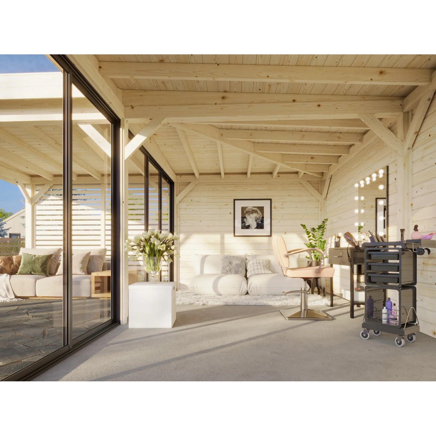 Palmako Pavillon Lenna Set 414, 588x588 cm, weiß lackiert. Weekendhaus mit Schiebetüren und Lounge-Bereich.