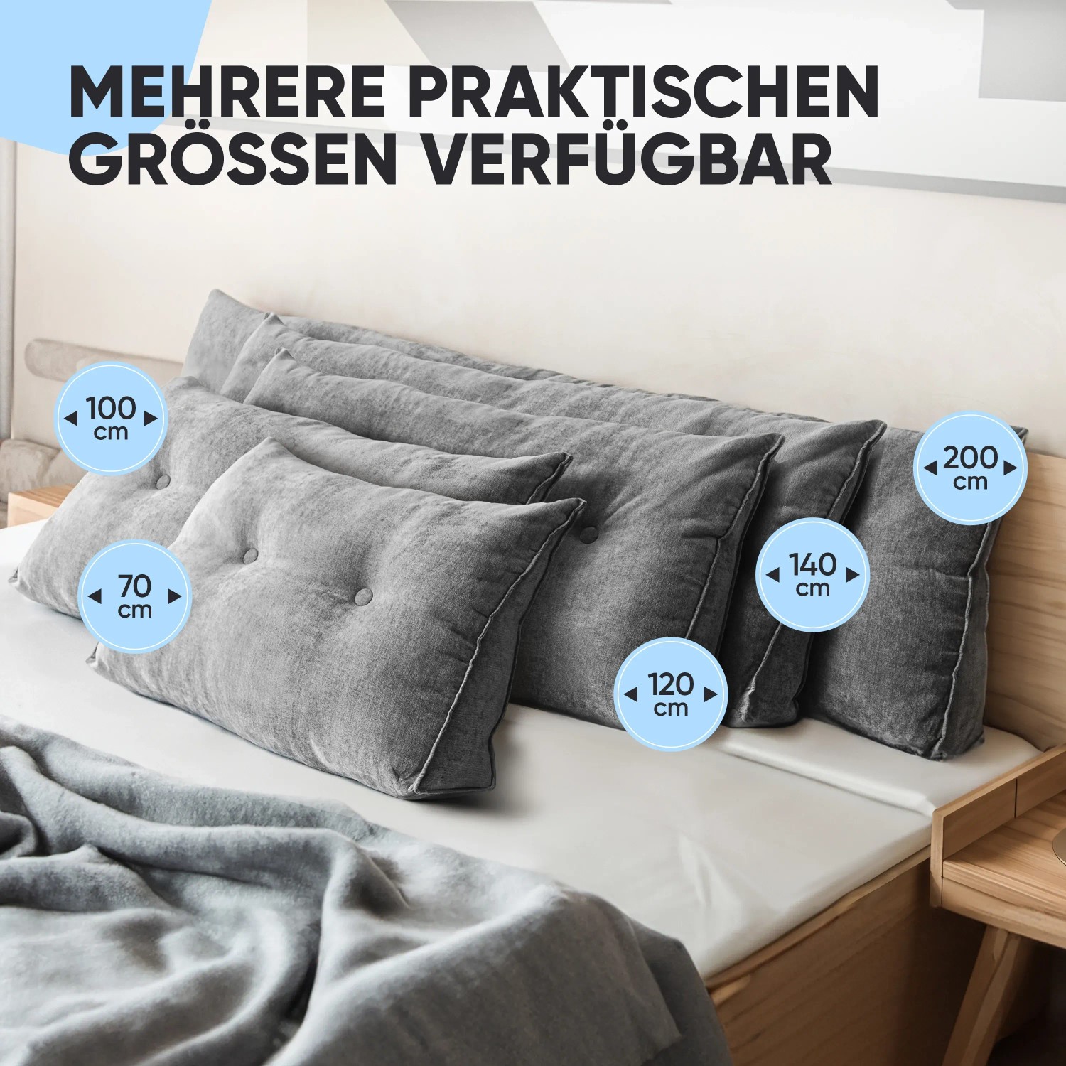 Graues Björn&Schiller Rückenkissen in verschiedenen Größen (70-200 cm) mit waschbarem Bezug.