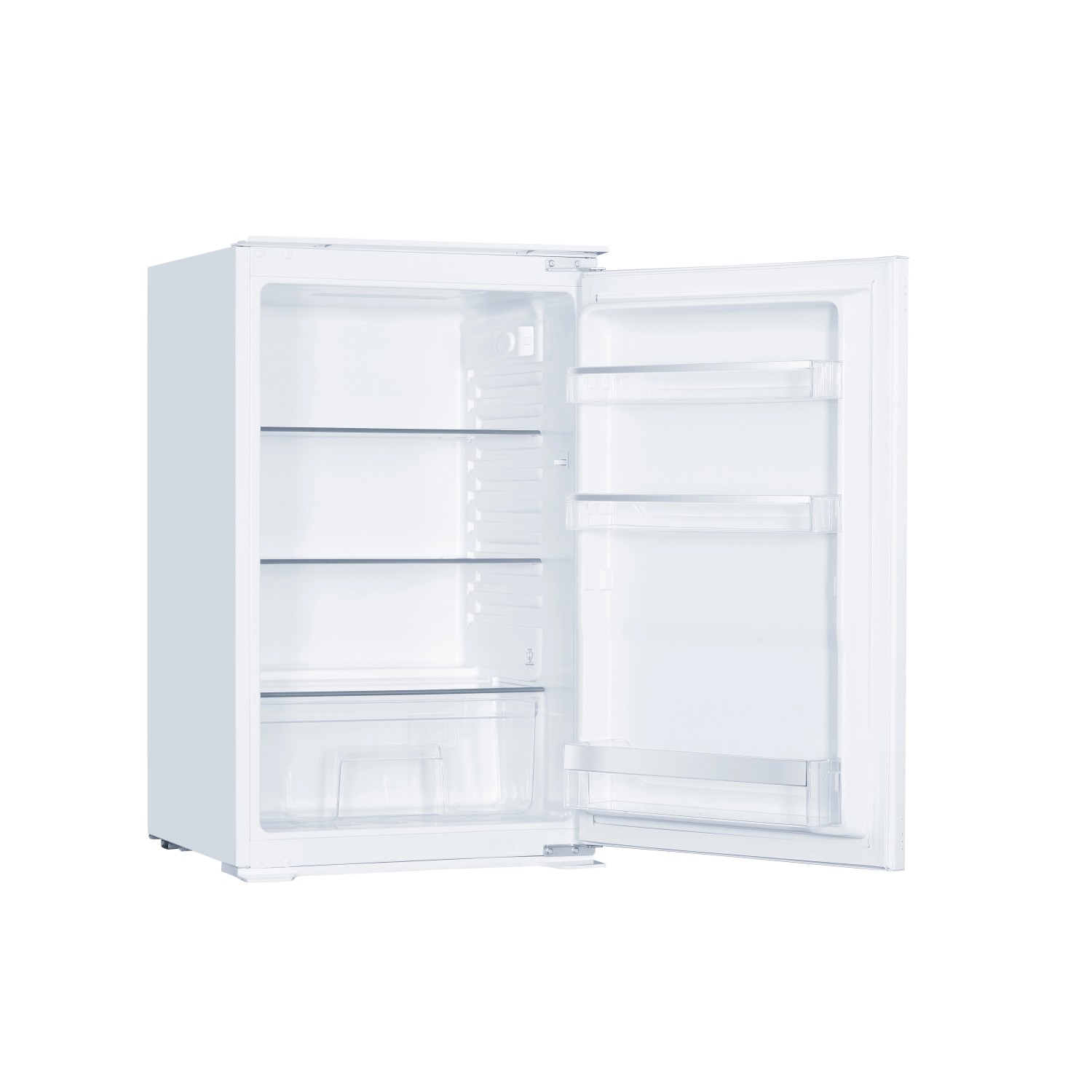 Weißer Wolkenstein Einbaukühlschrank WKS135.0EEB mit geöffneter Tür, Innenraum mit Glasablagen sichtbar.