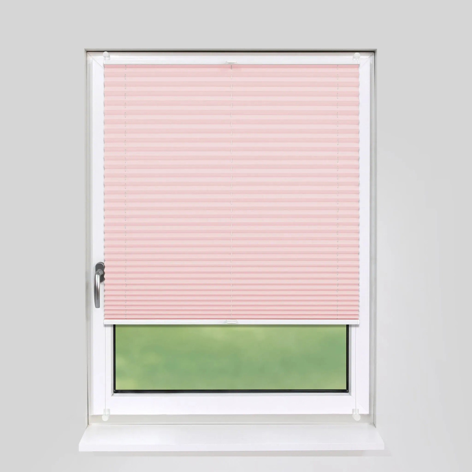 Rosa Plissee 100x210 cm am Fenster, blickdicht und ohne Bohren montiert.