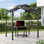 Brauner Sunjoy Grillpavillon Ecrins mit Stahlrahmen und Ablageflächen für Grillzubehör.