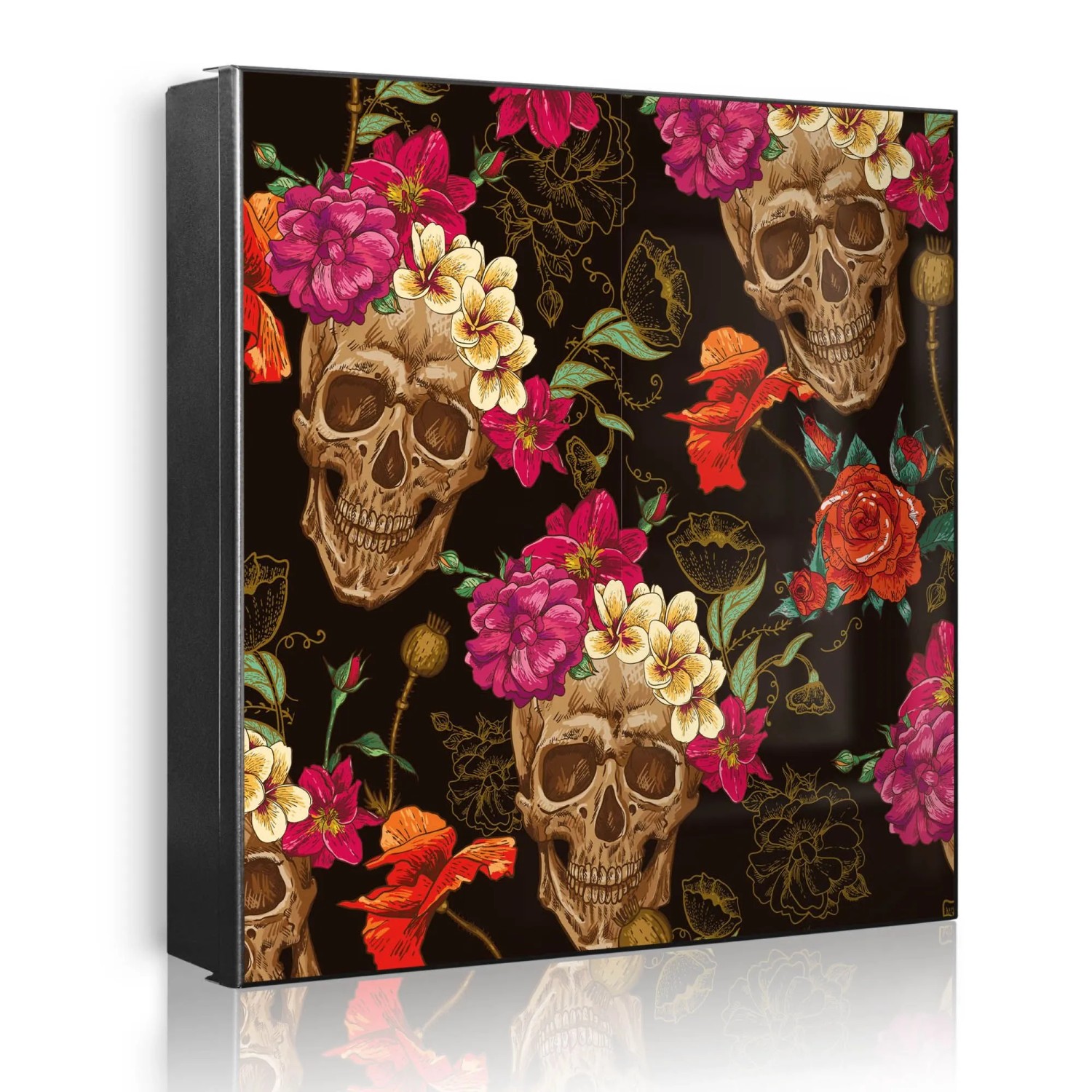 Banjado Großer Schlüsselkasten Metall 30x30cm Schwarz Scharnier Rechts 32 Haken Beschreibbar Magnetisch Motiv Los Dias De Muertos
