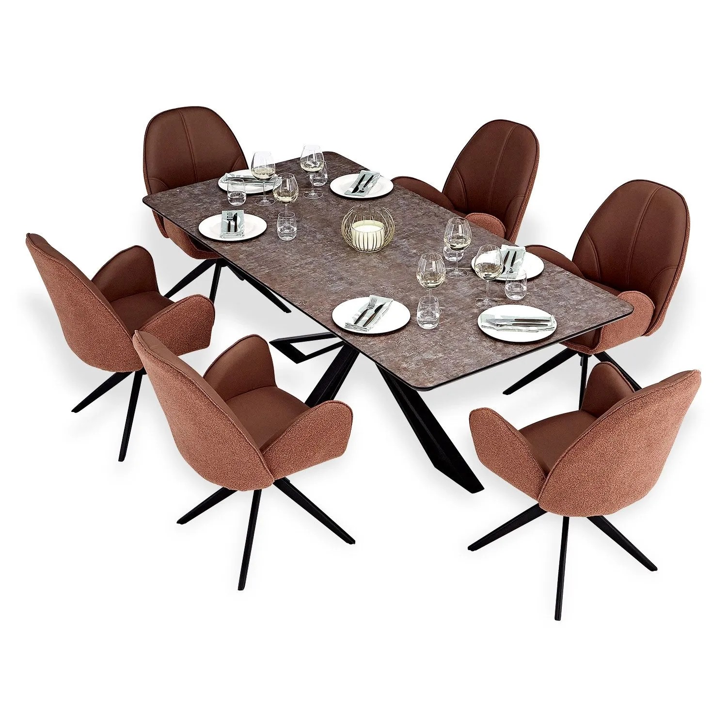 Homestyle4u Essgruppe mit 6 Stühlen Drehbar Braun Esstisch 200x100 cm 3059
