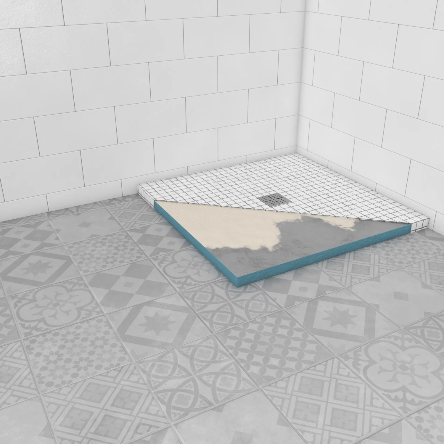 Befliesbares Aurlane Showerboard 90x90 cm mit Ablauf, ideal für bodengleiche Dusche.