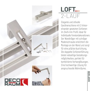 Deco-Raum 2-Lauf Gardinenschiene Loft in Edelstahl-Optik mit Montagezubehör. Ideal für Flächenvorhänge, nach Maß.
