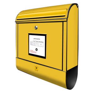 Banjado Design Briefkasten, schwarz pulverbeschichtet mit gelbem Briefkasten Motiv und Zeitungsfach.